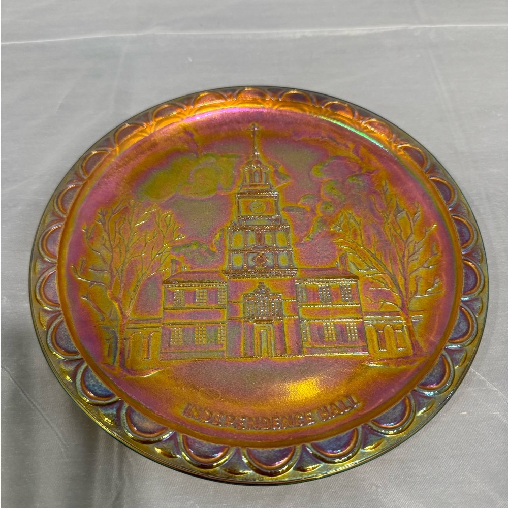 Vintage Carnival Glass Independence Hall Plate Iridescent